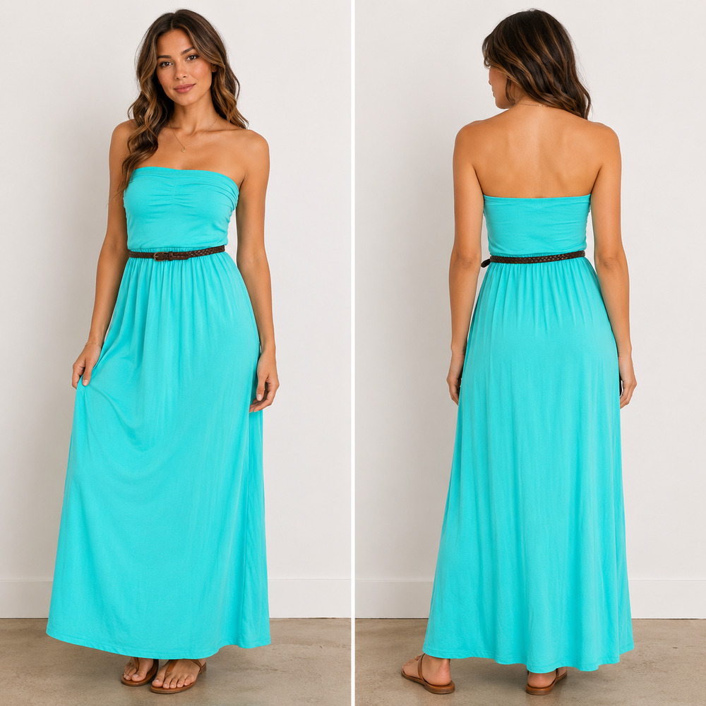 IRIS Teal Green Stretch Belted Strapless Jersey Knit Maxi Dress